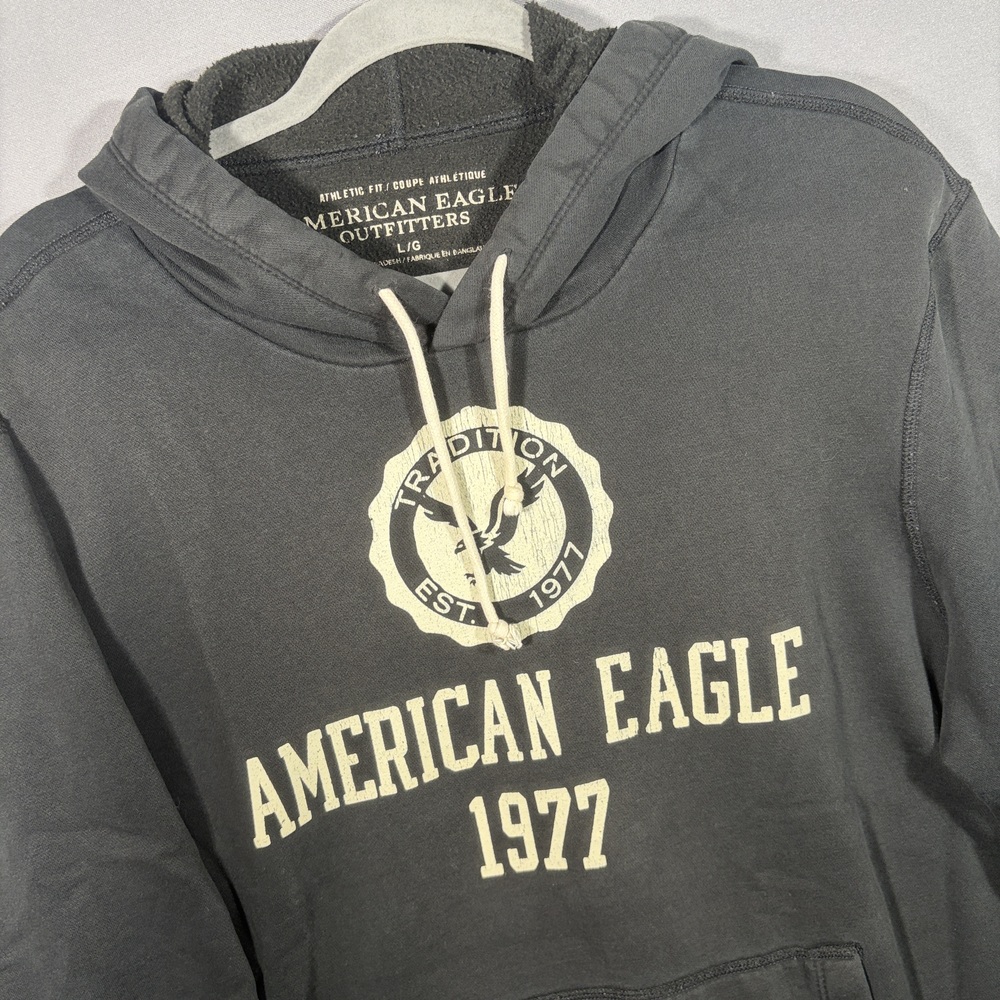 American Eagle Hoodie Athletic Fit Large Black Vintage Graphic Pullover 1977 Y2K